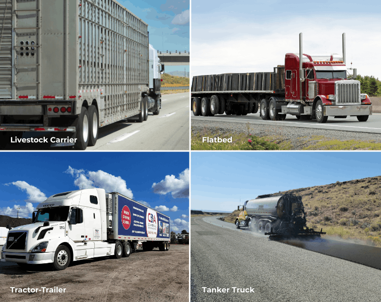 Collage of four vehicles: livestock carrier, tractor-trailer, flatbed, tanker truck